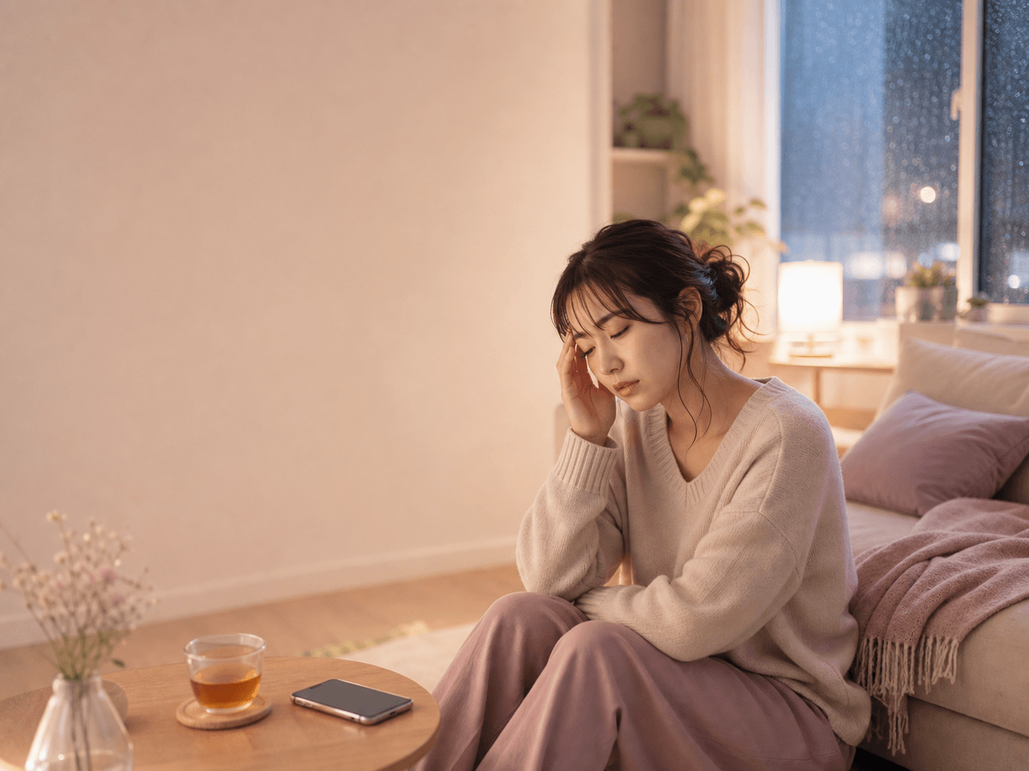 夜の部屋で頭痛を感じながらスマートフォンで記録しようとしている女性